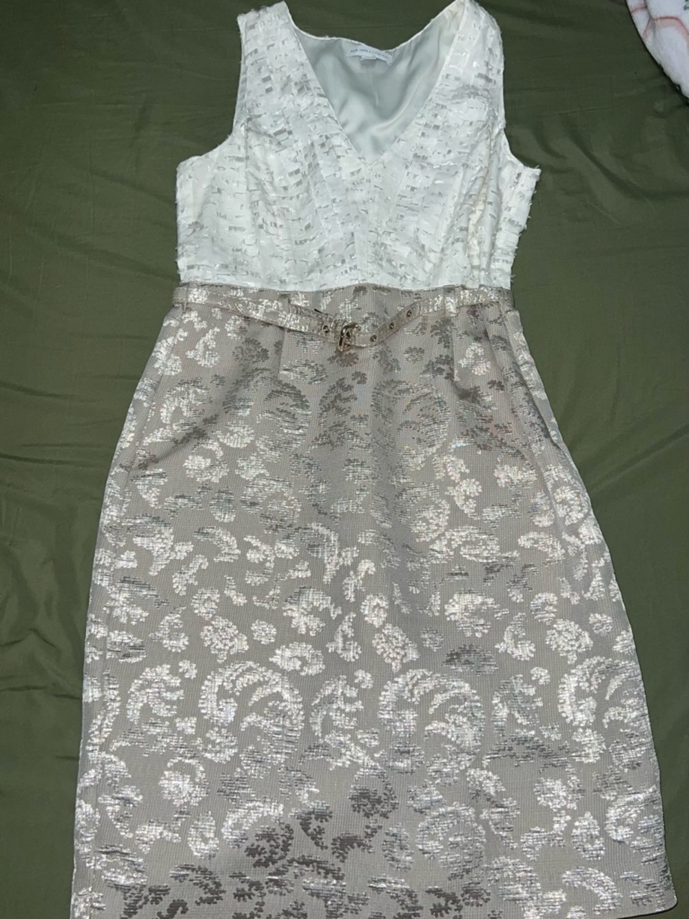 New York & Co Sleeveless White Bodice Midi Dress with Champagne Jacquard Skirt
